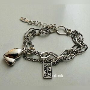 Sterling Silver 925 Chain Link Charm Bracelet Heart & “Going Steady” Pendant
